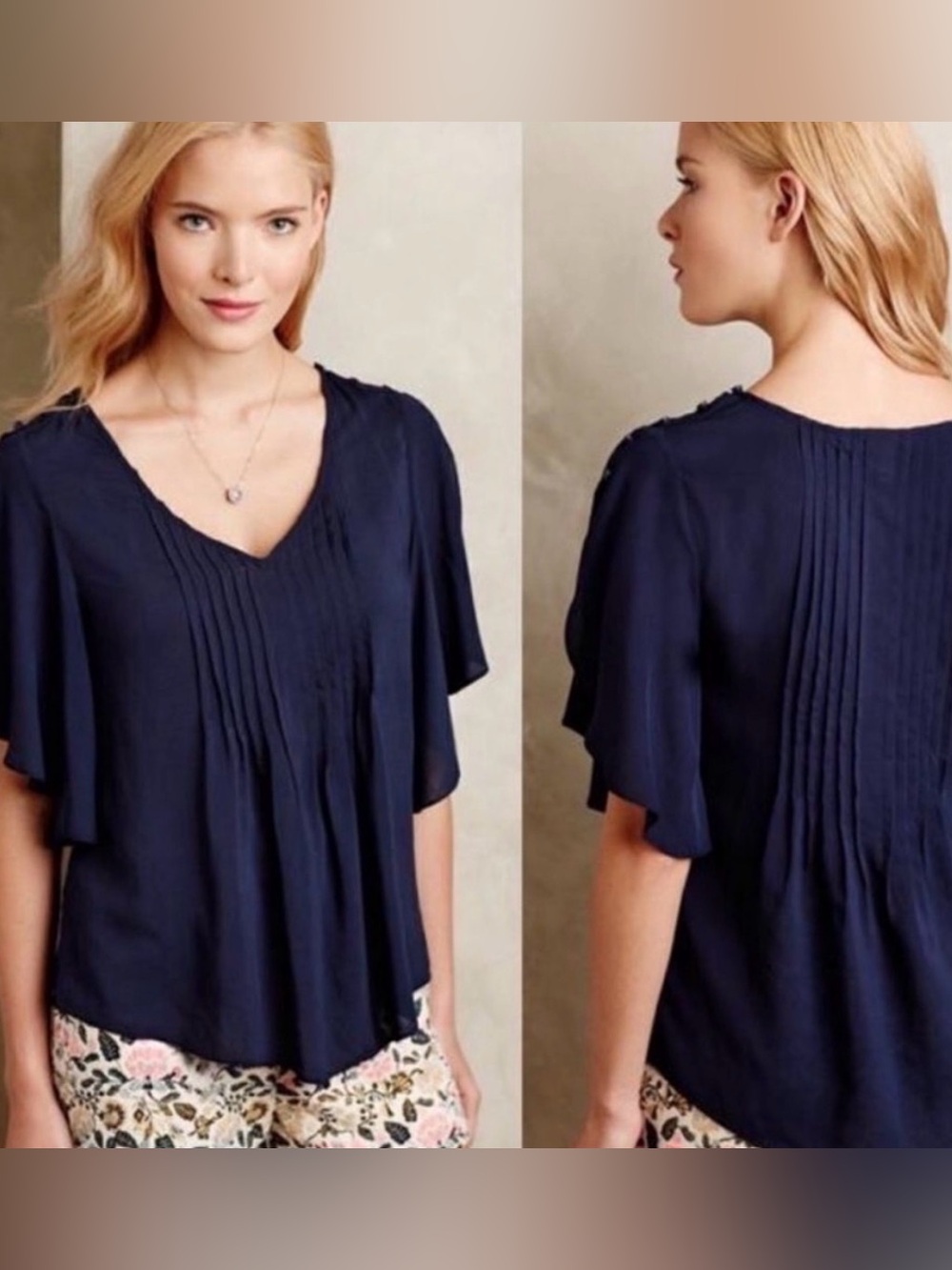 Anthropologie Maeve Maya Navy Pintuck Pleated Flutter Sleeve Button Shoulder Top
